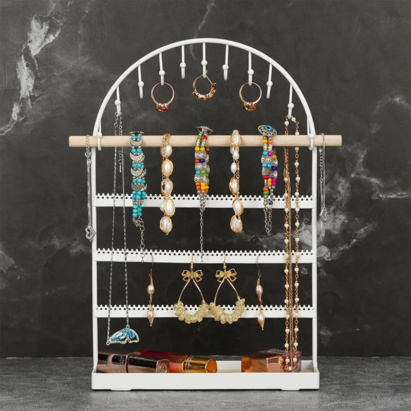 5 Tier White Necklace Holder Wooden Tray Earring for Women Girl Gifts