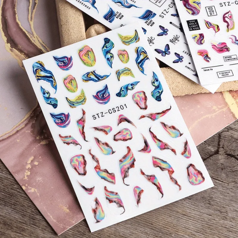 피는 대리석 네일 스티커 데칼 3D 웨이브 라인 꽃 편지 봄 디자인 매니큐어 문신 네일 아트 슬라이더 장식