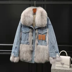 2024 inverno nuovo cappotto di pelliccia Denim cuciture cappotto di pelliccia grande collo di pelliccia giacca invernale coreano sciolto Denim cotone cappotto donna giacca lunga