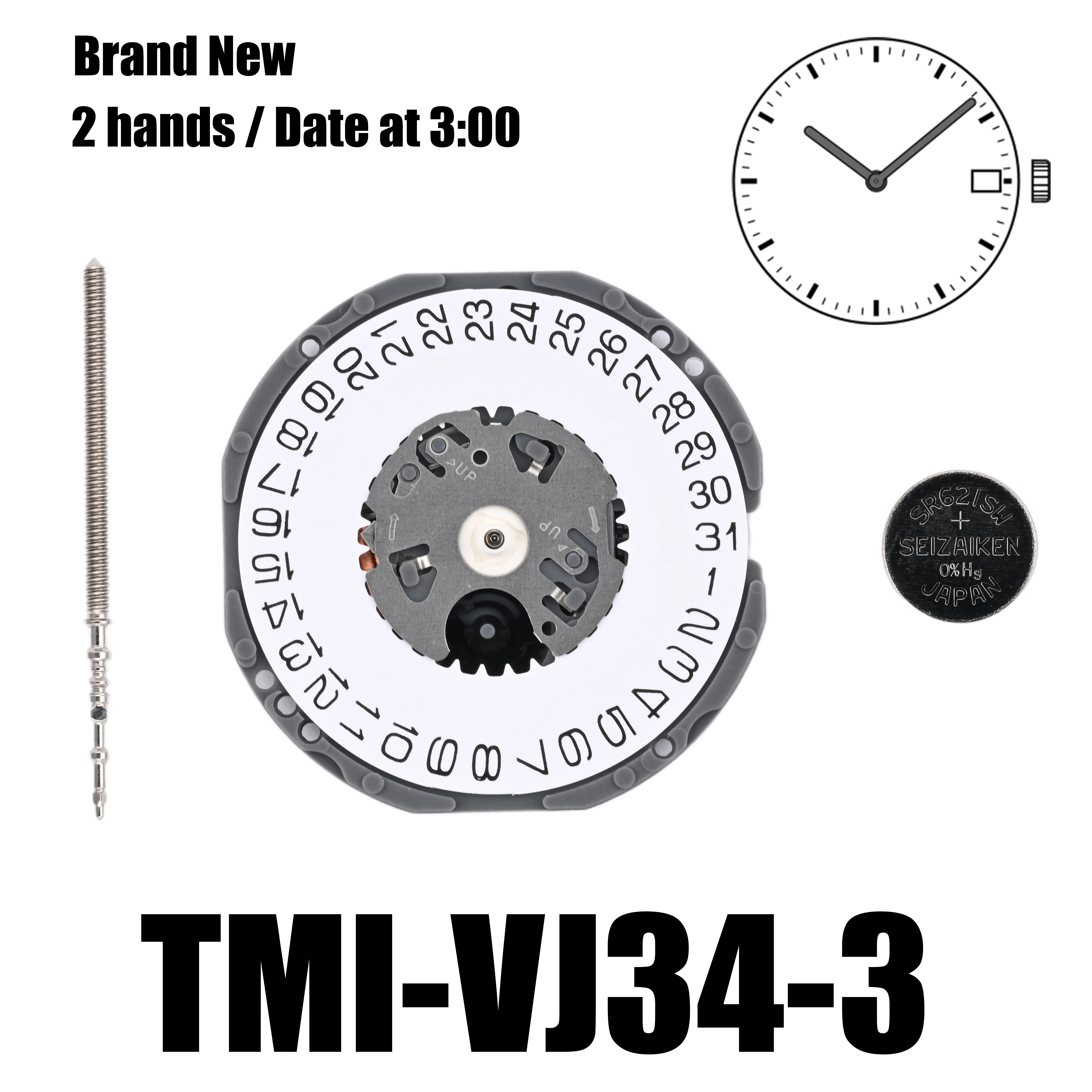 Brand New VJ34 Movement Orginal Genuine Japan TMI VJ34B Movement 2 hands / date at 6:00 Size: 12 ½‴  Height: 2.94mm