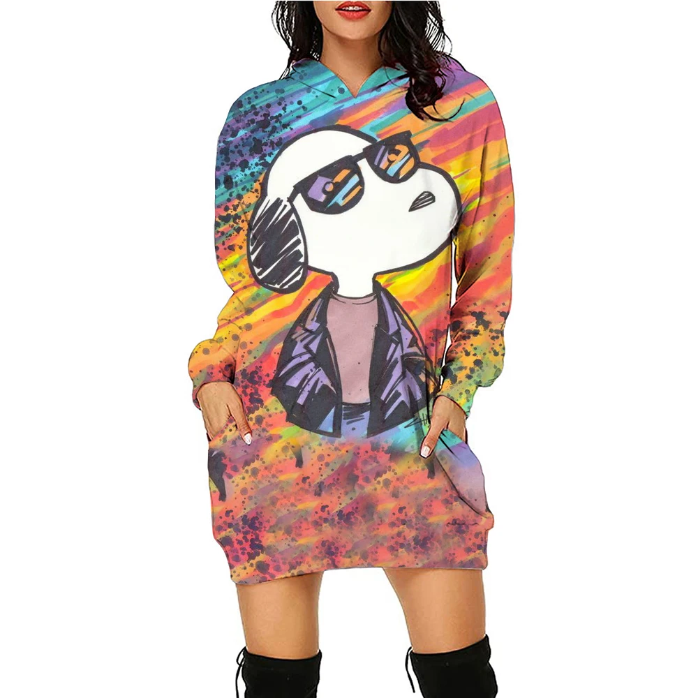 Autumn and winter women\'s hooded dress long sportswear Snoopy new fashion women\'s pullover hooded top casual plus size dress