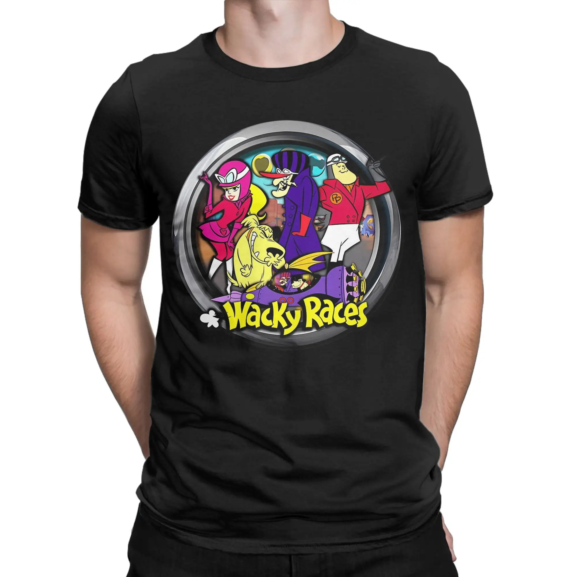 Vintage Cartoon  Movie Tshirt Men's 100%Cotton Tops Novelty Wacky Races Round Neck Short Sleeve