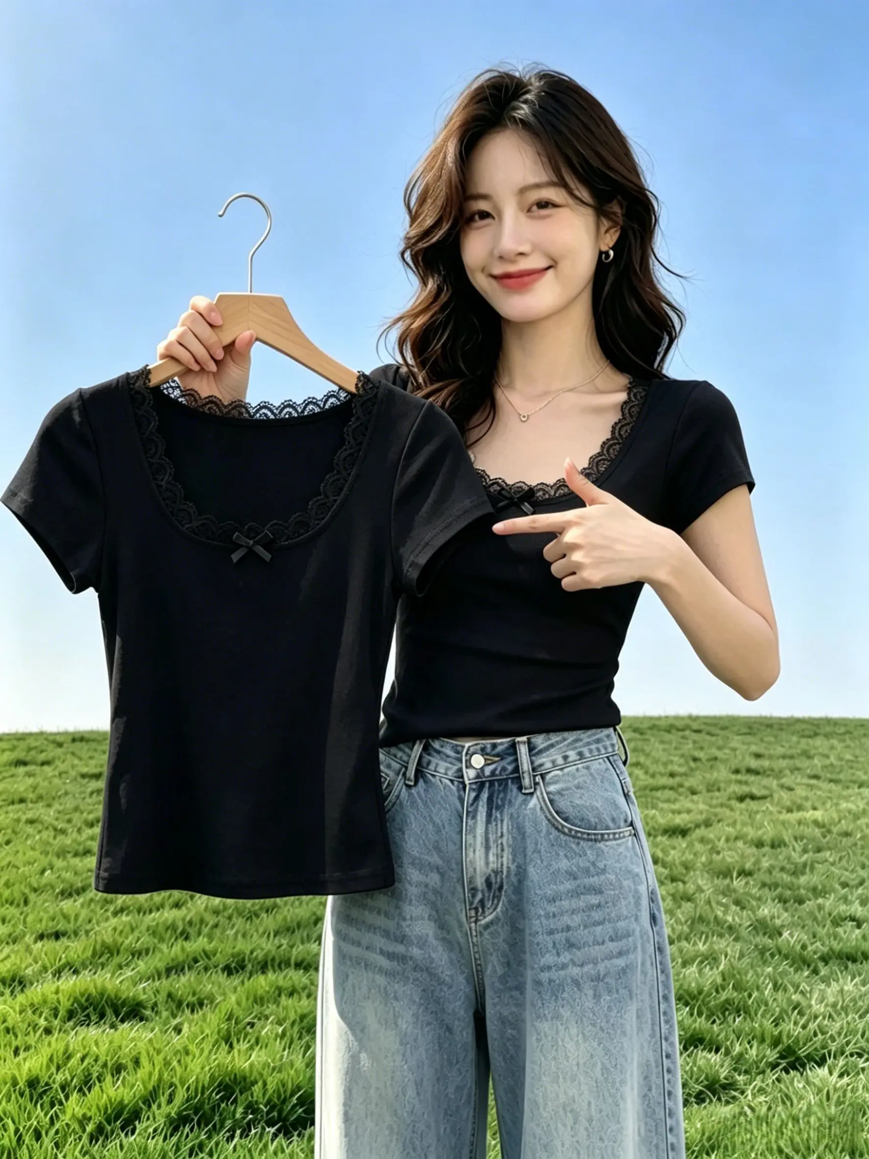 Summer New Style Women's Short Sleeve T-shirt Lace  Knot Cotton Polyester Blend Slim Fit Shoulder Appropriate Top