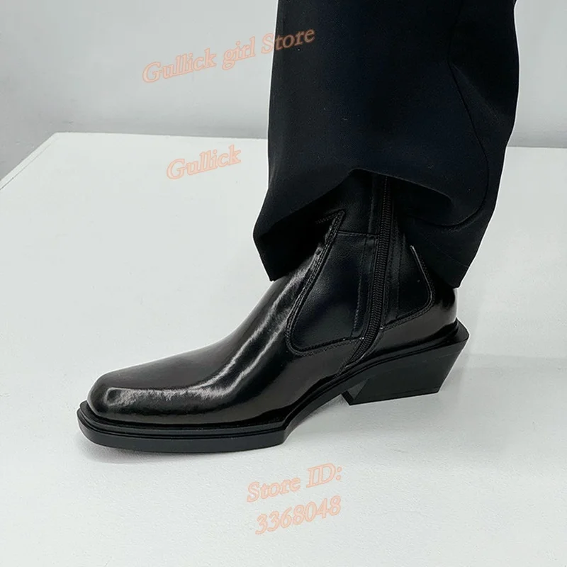 Black Leather Patchwork Ankle Booties Block Middle Heel Zipper Runway 2026 Winter Autumn Women Dress Shoes Square Toe