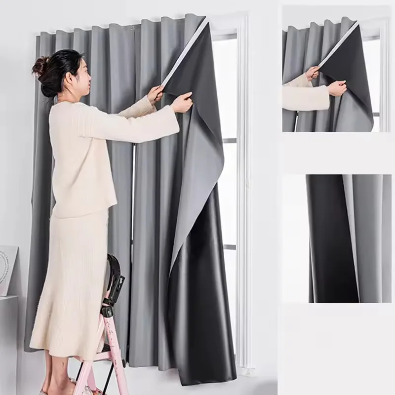 Self-Adhesive Blackout Curtain No Drilling Required 100% Sun Blocking Privacy Window Treatment for Bedroom Balcony French Door