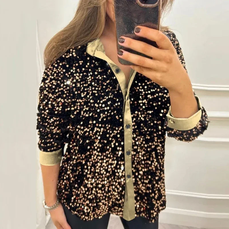 Sexy Glitter Sequin Sparkling Women Elegant Blouse Spring Single Breasted Lapel Shirt Autumn Long Sleeve Party Top Feminine Coat