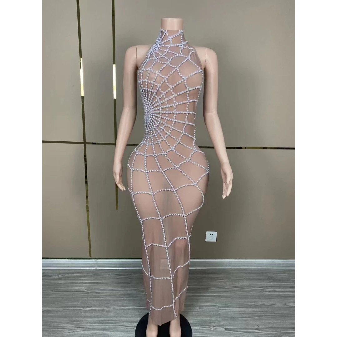 

Fashion Sexy Halter Backless Mesh Pearl Party Dress Birthday Celebrate Evening Dresses Female Singer Stage Performance Costume