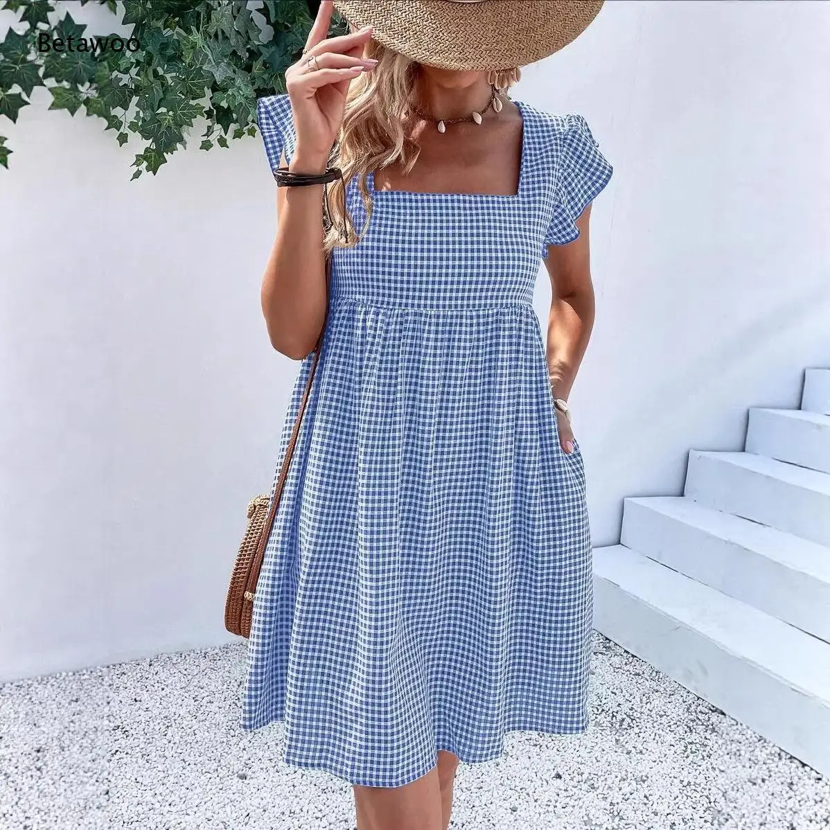 Women Checkered Square Neck Casual Dress Loose Sundress Breathable Fabric Cute Summer Outfit Suitable for Casual Meetups
