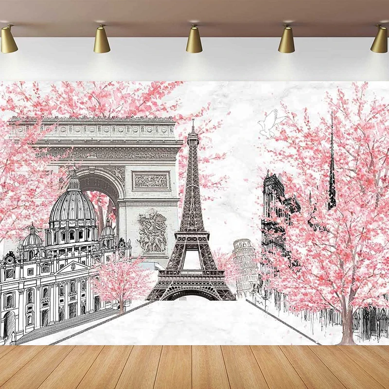 

Pink Flowers Trees Eiffel Tower Theme Photography Backdrop Gray Paris Themed Birthday Wedding Party Background Photo Studio