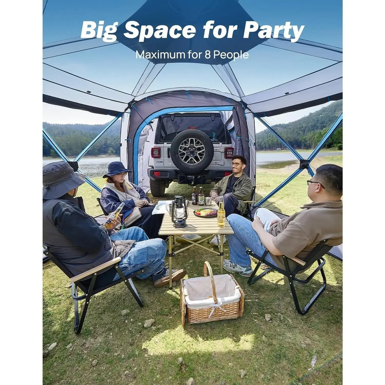 wDual-Use Pop up SUV  for Camping, 10x10.5 Ft Big Space 2 Rooms Car , SUV Tailgate  for Family Camping, 5 Sides Canopy