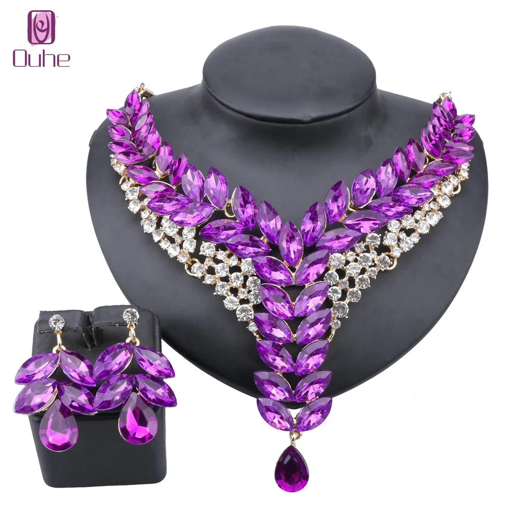 Women\'s Wedding Bridal Bridesmaid Rhinestone Crystal Statement Necklace Earrings Party Costume Jewelry Set