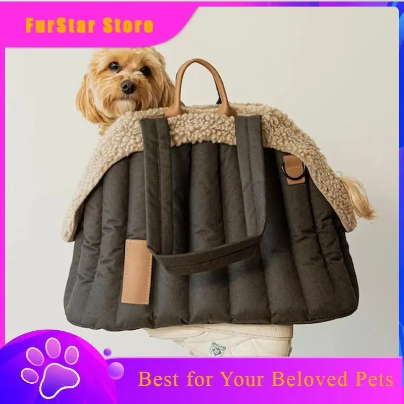 FurstarStriped Lamb Wool Insulated Portable Pet Bag Outdoor Crossbody Pet Bag For Cats And Dogs