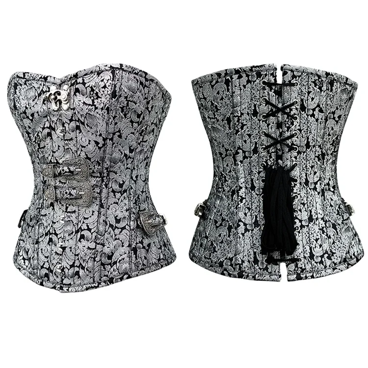 Women Fashion Grey Vintage Gothic Overbust Buckle Retro Corset Tops