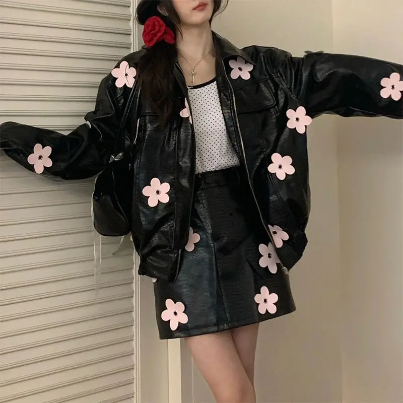 Sweet Women Turn Down Collar Mini Flowers Printed Faux Leather Jacket Black PU Motorcycle Coat Cardigan + A-Line Skirt 2pcs Set