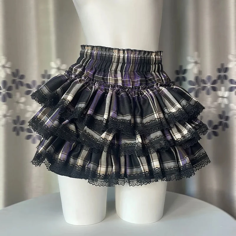 Black Purple Plaid Mini Skirt Women Summer Y2K Subculture Gothic Lolita Cake Skirts Streetwear Lace Patchwork Retro Kawaii Skirt