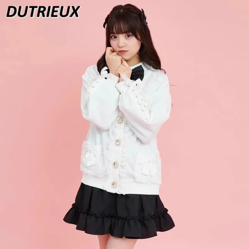 Japanese Style Sweet and Cute Lace V-neck Long Sleeve Sweater Coat Mid-Length Bow Belt-Loop Knitted Cardigan for Women Spring