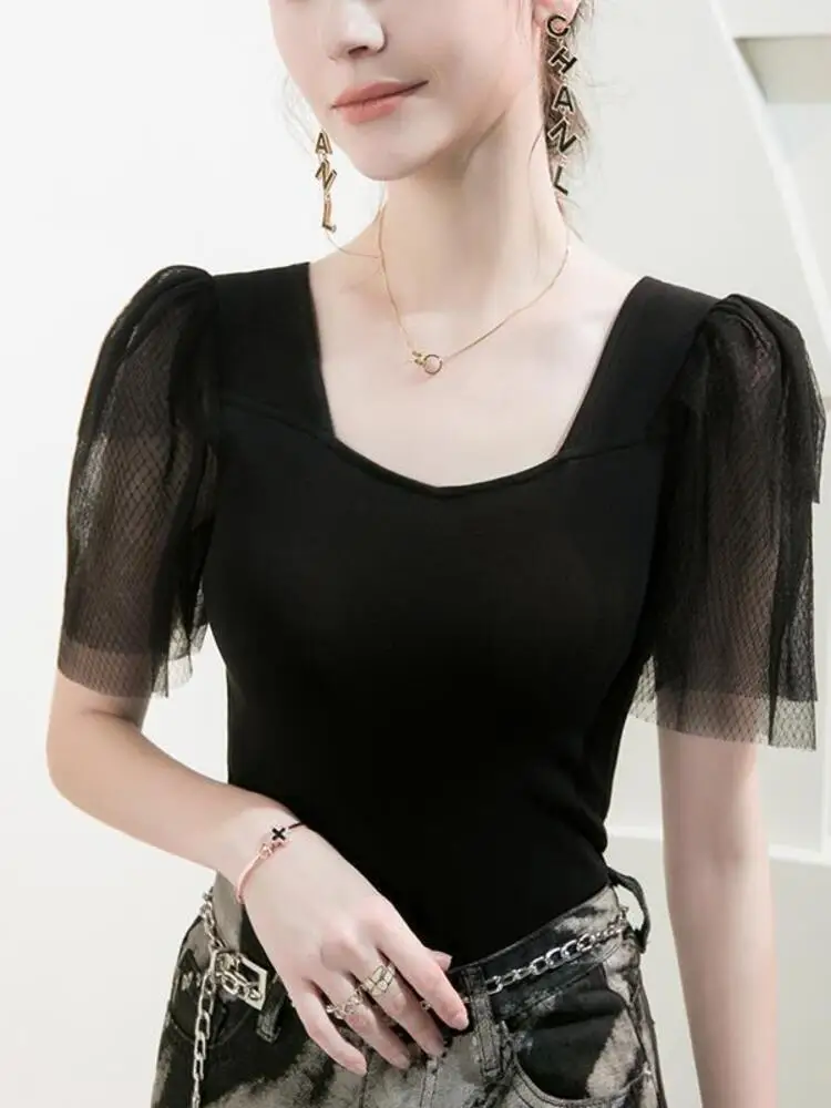 Square Neck Short Sleeved T-Shirt, Women's Gauze Bubble Sleeve Patchwork, 2025 Summer New Stylish Black Temperament Top