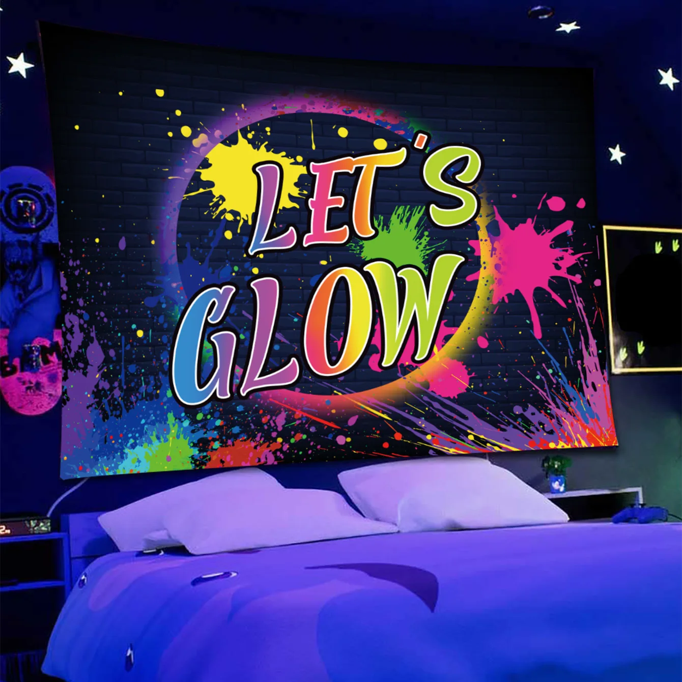 Cool Black Light Let's Glow Flourescent Tapestry UV Reactive Tapestries Wall Hanging Hippie  Party Night Decor Home Room