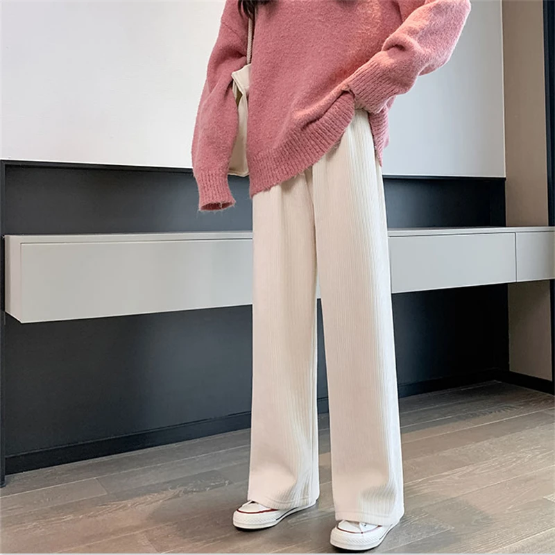 Autumn Solid Thick Pleated Pants Women Winter Fashion High Waist Elegant Baggy Trousers Office Lady Casual Warm Wide Leg Pants