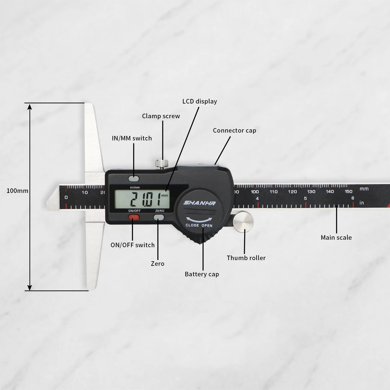 SHANHR High Precision Digital Depth Vernier Caliper Micrometer, Stainless Steel Electronic Depth Gauge 150/200/300mm