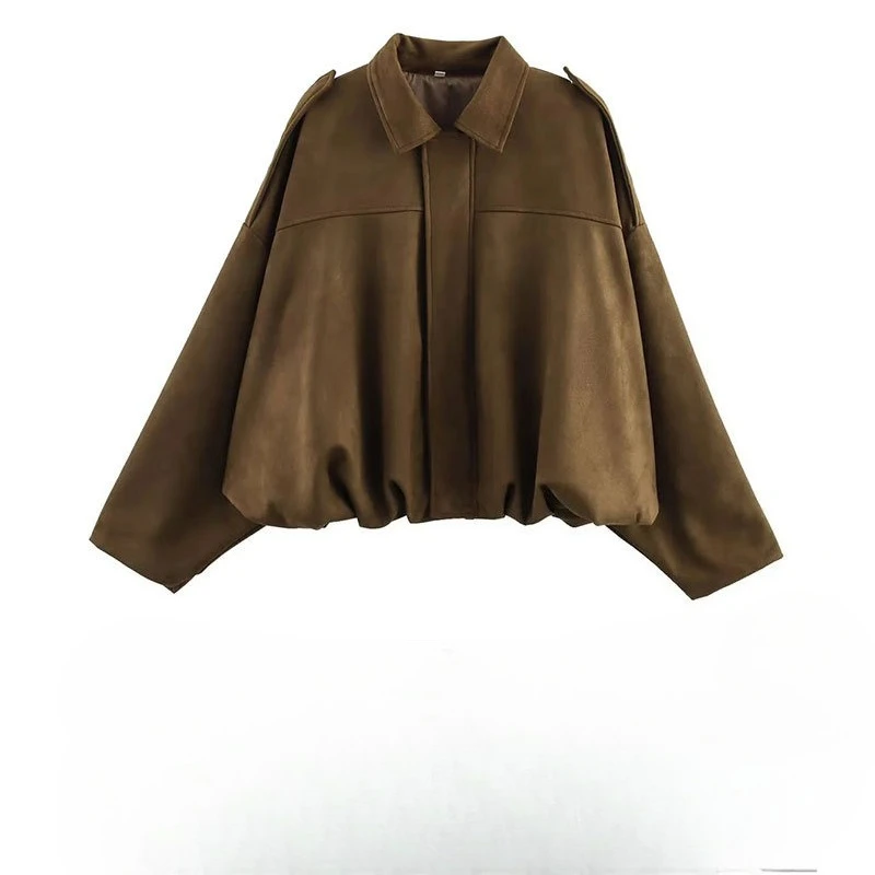 Women's Faux Suede Collared Jacket Olive Green Loose Fit Shoulder Straps Stylish AliExpress Exclusive