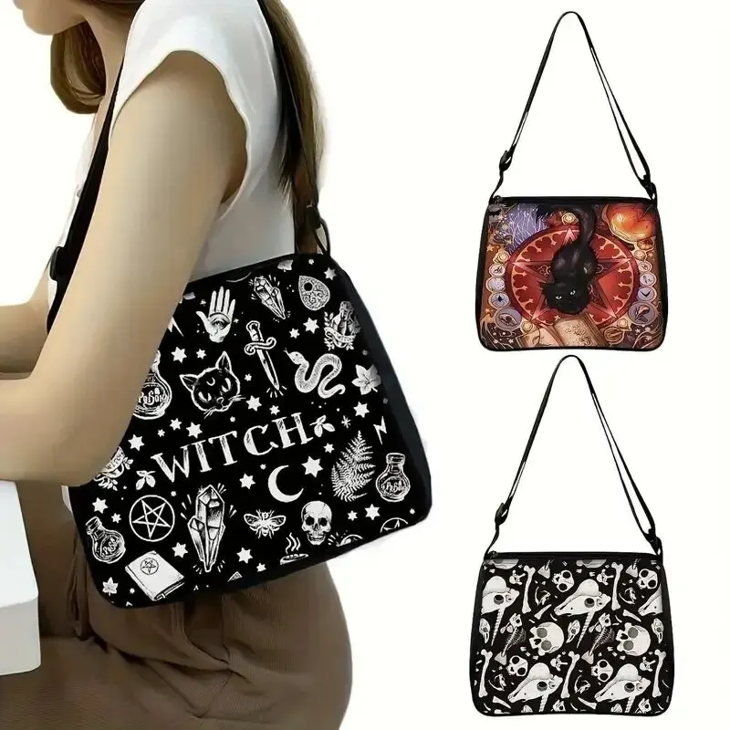 Gothic Cat Printed Shoulder Bag Halloween Fabric Crossbody Bag Versatile Small Square Purse Simple and Stylish Women's Handbag