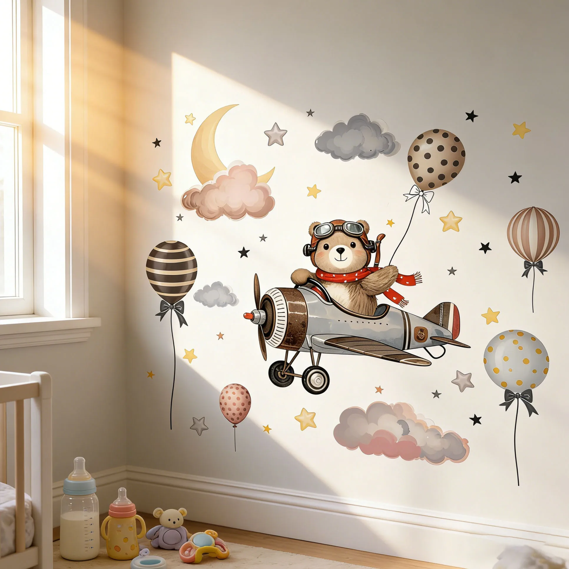 Calcomanías de Pared de Dibujos Animados de Osos en Aviones, Globos, Nubes y Estrellas para Decoración de Habitaciones Infantiles, Adhesivos Decorativos para el Hogar
