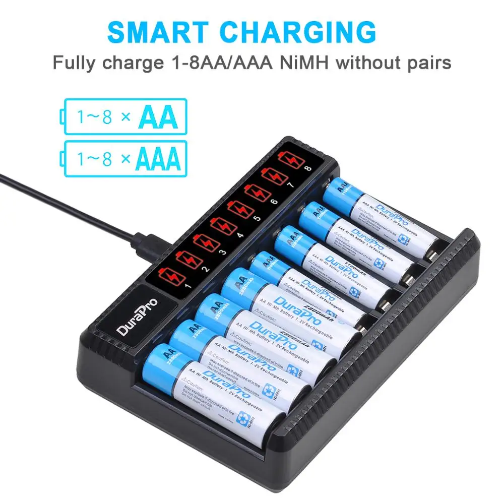 2800mAH akumulator AA + 1100mAH AAA ni-mh bateria + 8 slotów LCD ładowarka do zabawek, pilot, głośnik, Flashligt