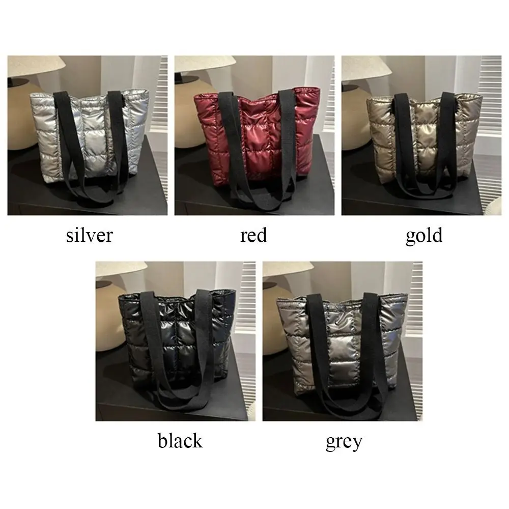 Women Retro Personality Large Capacity Quilted Shoulder Bags Casual Solid Color Handbags Down Cotton Padded Tote Shopping Bags