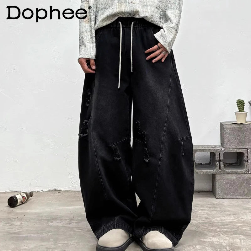 

2026 Men's Spring New Trendy High Street Design Jeans Solid Color Loose Straight Denim Trousers Hole Decoration Chic Denim Pants