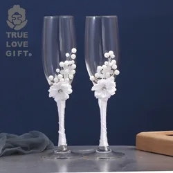 Wedding Champagne Glasses Groom and Bride Rose Flower Ribbon with Diamond Goblet Wedding Supplies Decoration Wine Glass Set