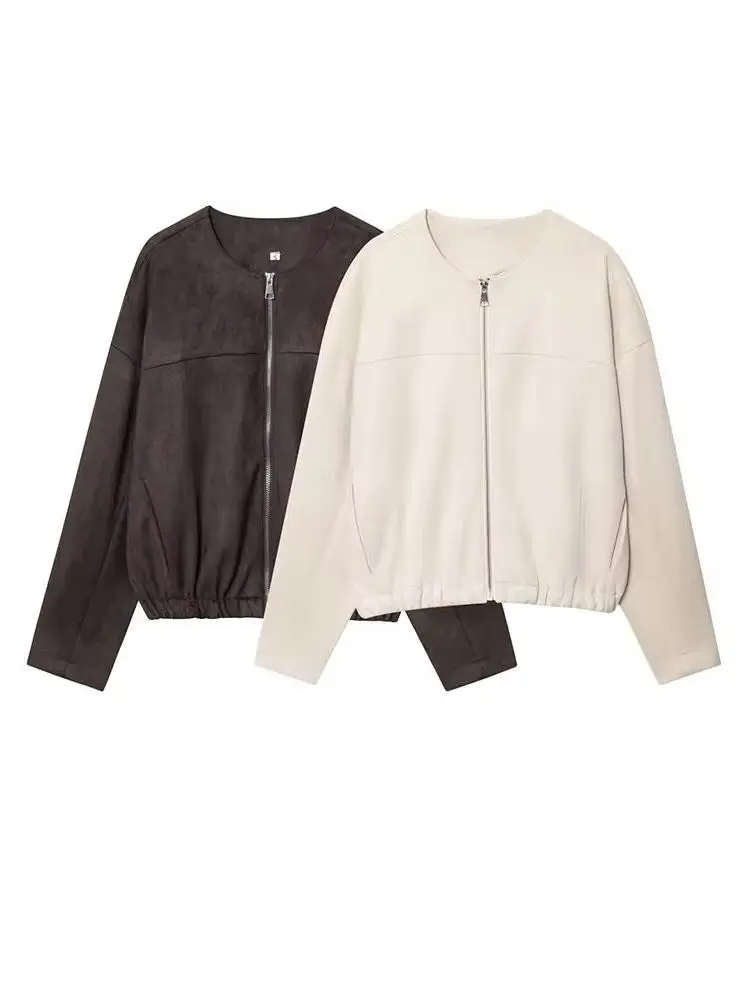 

HH 2026 Fashion Female Loose Casual O-Neck Long Sleeves Slim Street Short Coat Women New Zipper Side Pockets Solid Bomber Jacket