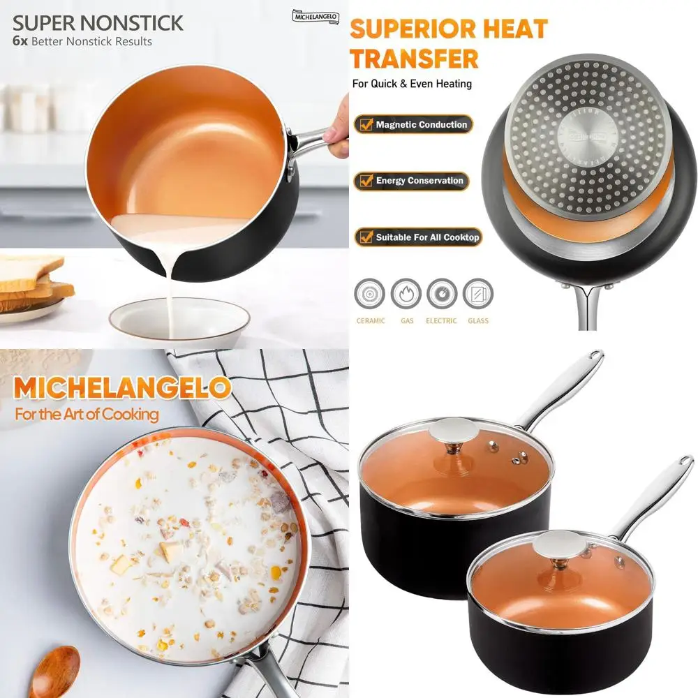 

Copper Saucepan Set, 2QT & 3QT, Non-stick Ceramic Interior, Multipurpose Use, with Lids