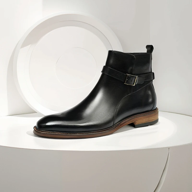 

Ботинки челси до середины икры, мужские базовые модельные короткие туфли из коровьей кожи на молнии с круглым носком и ремешком на щиколотке в британском стиле