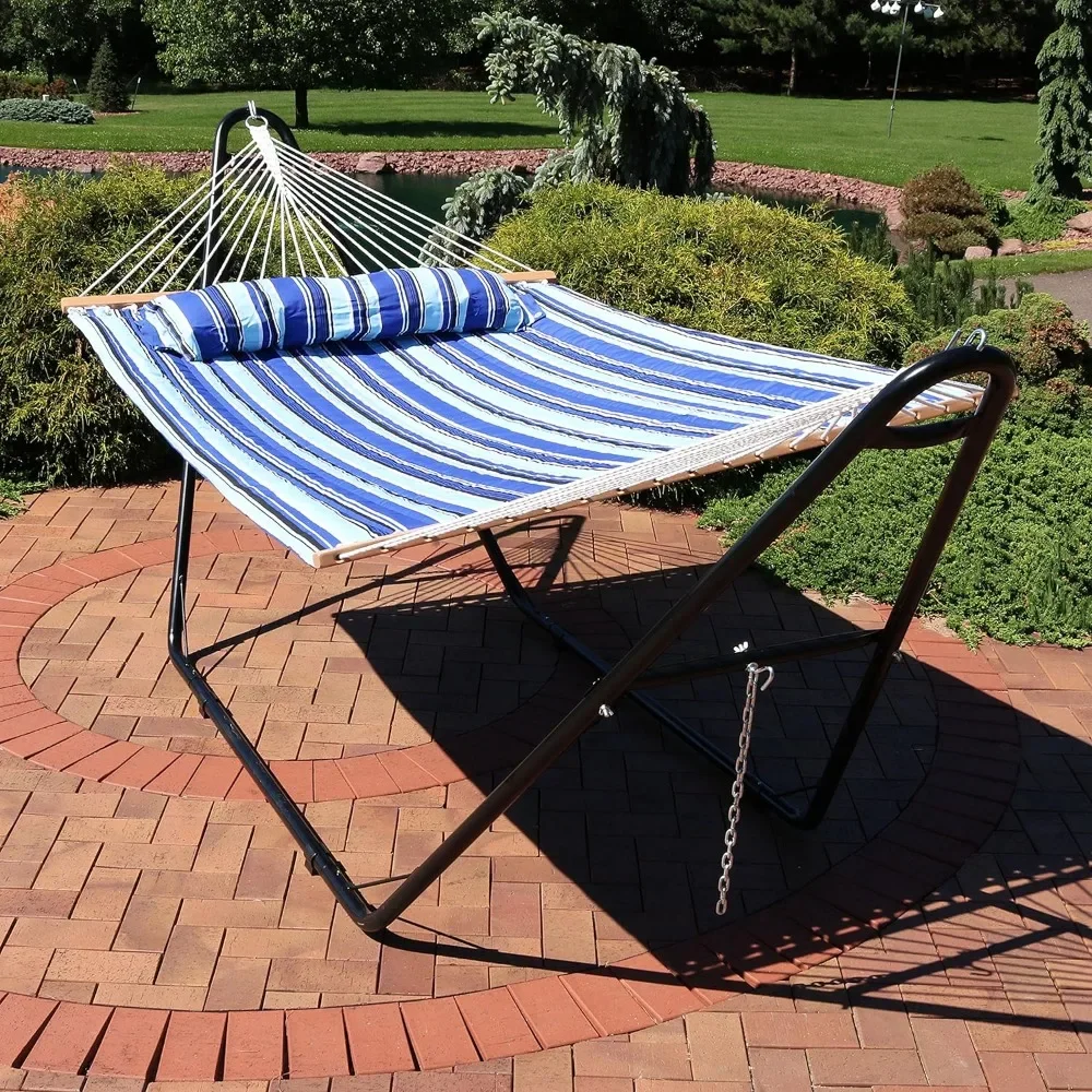 

Double Quilted Fabric Hammock With Universal Steel Stand - 450-Pound Capacity - Black Stand - Catalina Beach Outdoor Furniture