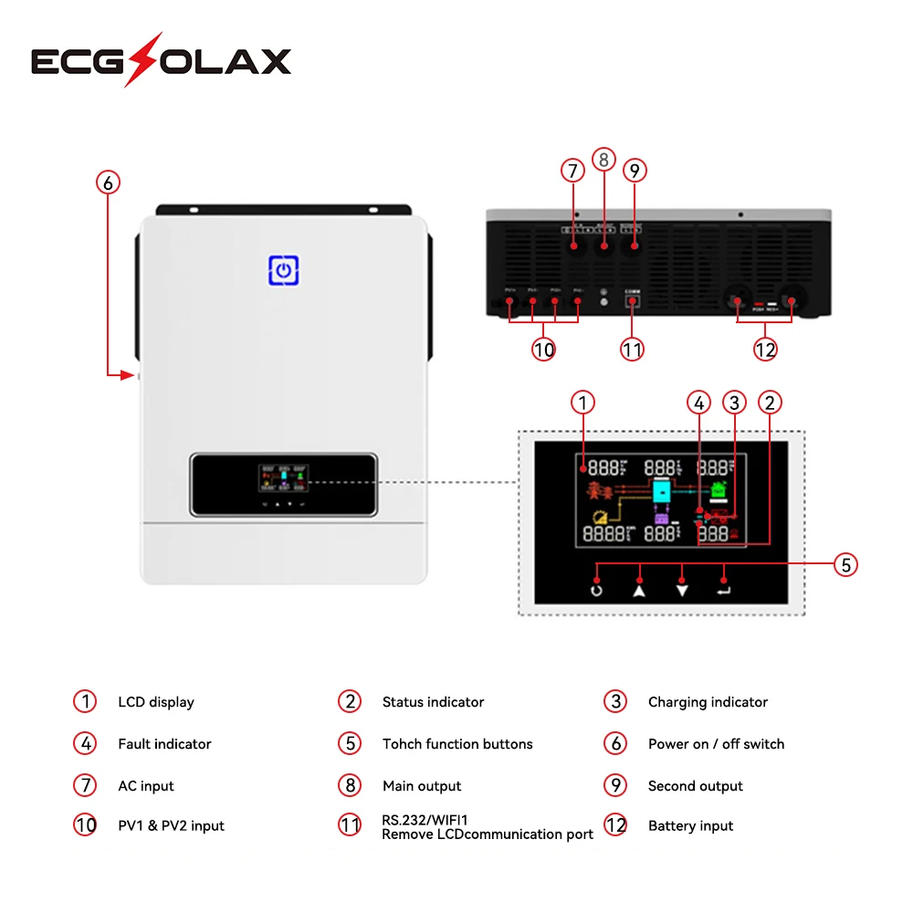 ECGSOLAX 10.2KW Solar Hybrid Inverter 48Vdc 230Vac With Max Charging 180A 160A Inverter Charger Solar Inverter Max PV 500VDC