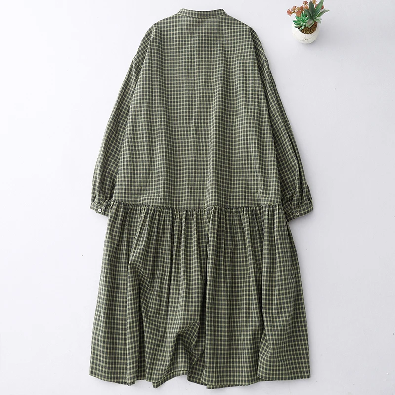 Mulheres literárias confortáveis oversized algodão manga longa vestido xadrez outono verão nova camisa casual vestido n925