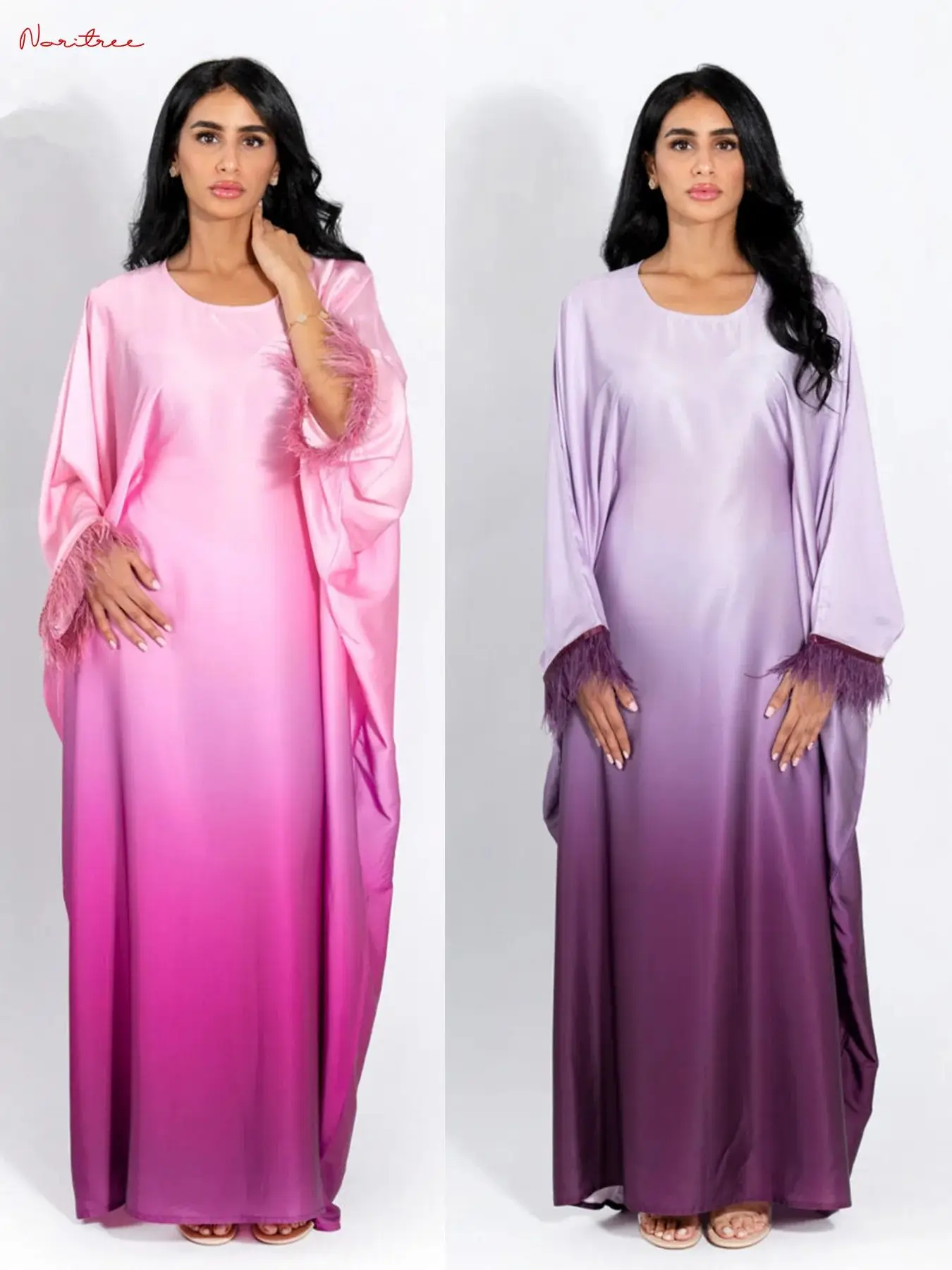 Fashion Shiny Feather Cuff Muslim Dress Robe Female Full Length Soft Butterflies Abaya Muslim Dress Worship Service Abaya wy2073