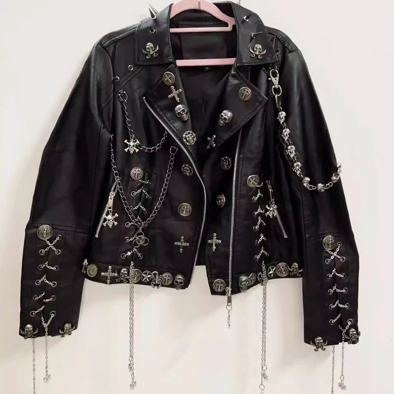 Gothic Y2k Clothes Vintage Punk Hip-hop Rock Leather Jacket Motorcycle Heavy Industry Rivet Chain Skull Black Leather Coat BF