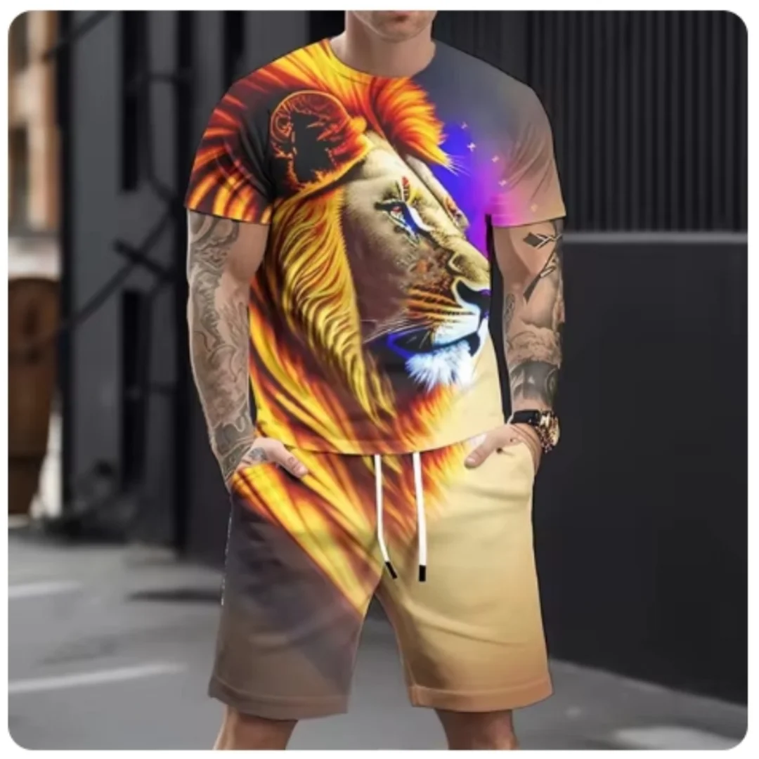 2025 Super Large Loose Men's Top Y2K Style Set, Men's Summer Leisure Breathable Set, Leisure Sports Set, Printed 3D Wolf Pattern