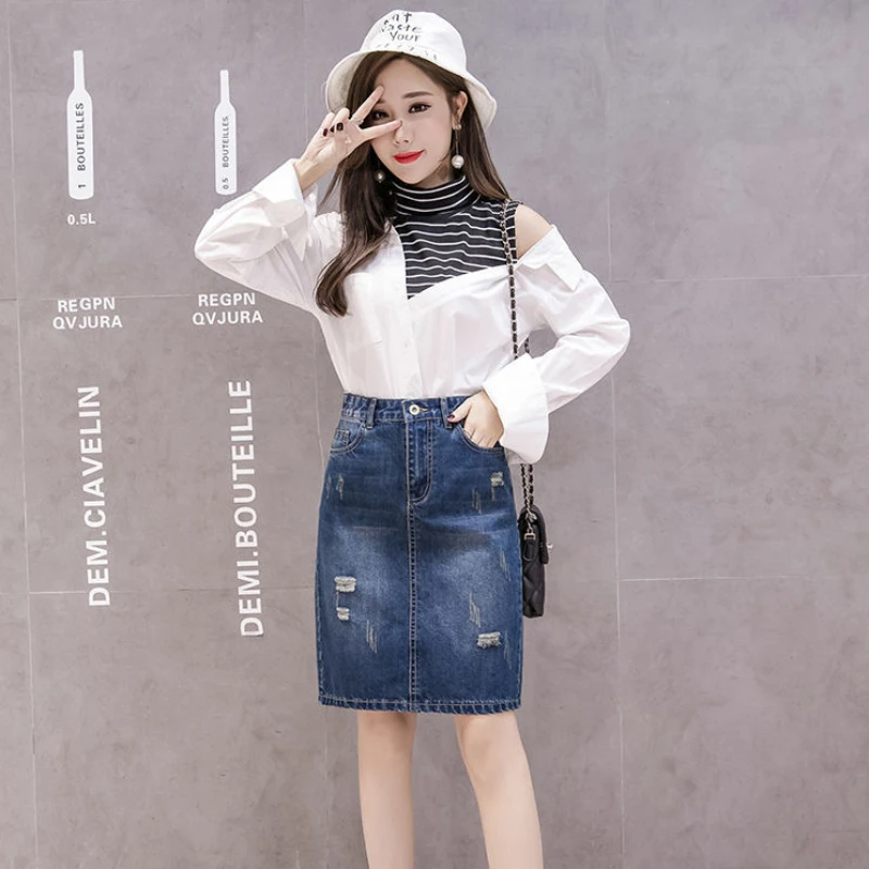 Female Jeans Skirts With Pocket To Knees Length Women's Denim Skirt Ripped Vintage Korean Fashion Style Offer Aesthetic Hot Y2k