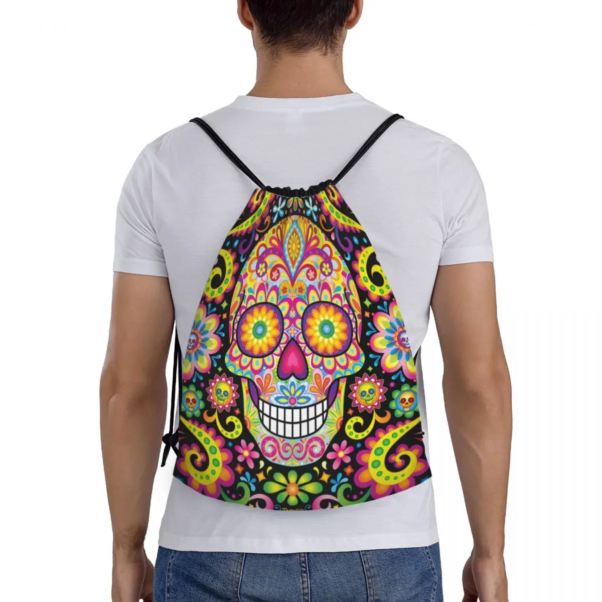 Sugar Skull Day Of The Dead-bolsas de arte con cordón, mochila portátil para gimnasio, deportes, Halloween, católico, Floral, almacenamiento de compras