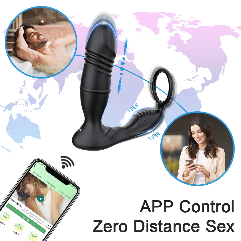 2 in 1 Bluetooth APP Vibrator Male Anal Plug Thrusting Sex Toy Prostate Massager Wireless Remote Silicone Butt Plug for Men Gay