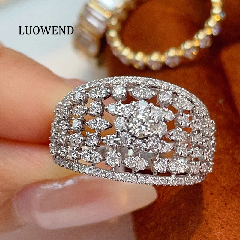 LUOWEND Anillos de oro blanco 100% 18K, diseño de esqueleto de lujo, anillo de cóctel con diamantes naturales reales de 0,95 quilates para mujer, joyería fina