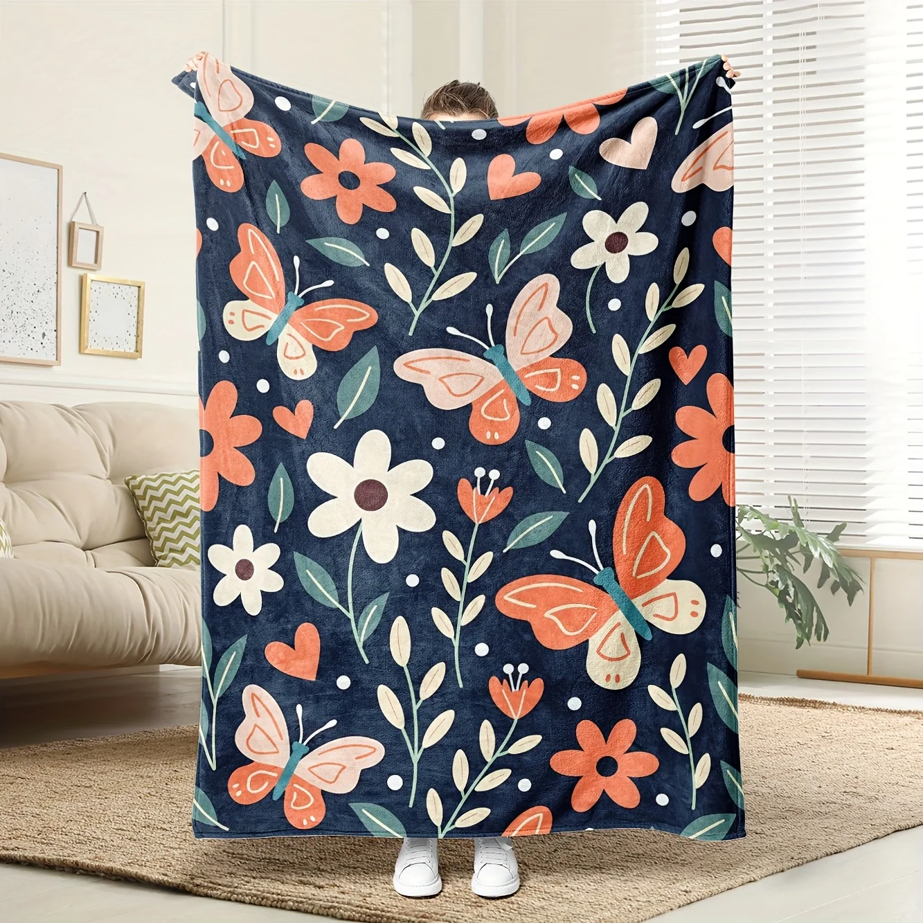 Blaue und rosa/lila Rosen-Fleecedecke – 100 % Polyester, luxuriöses böhmisches Dekor-Geschenk