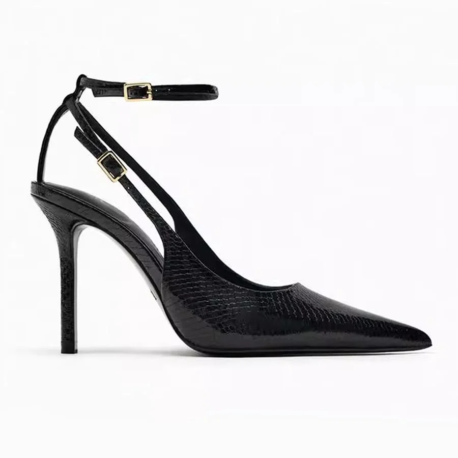 2025 Summer New Sexy Pointed Toe Pumps Black Leather 8cm Thin High Heeled Sandals Snake Pattern Stiletto Mules for Women