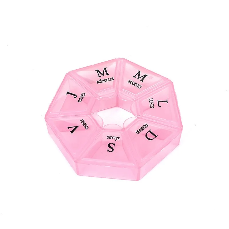 Mini seven-day pill box, portable flat seven-cell plastic box, pink transparent pill box