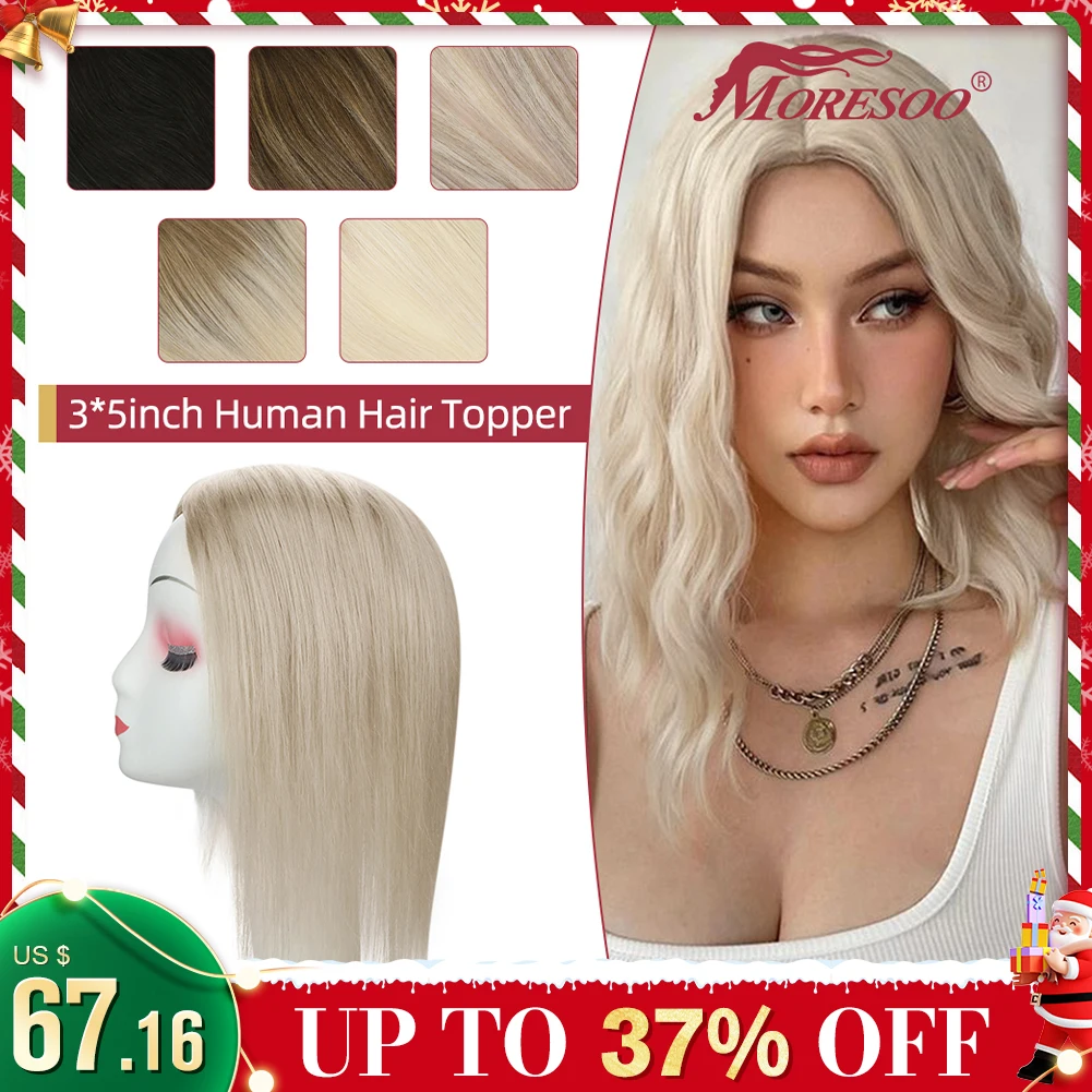 Moresoo Topper Hair Pieces for Women Human Hair Machine Remy Brazilian Hair Natural Straight Blonde #60 3*5Inch Clip in Toupee