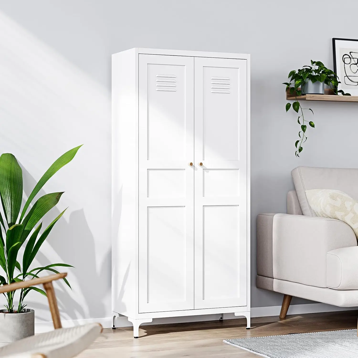 

Storage Cabinet with 2 Doors and 4 Adjustable Shelves - 61" White Kitchen Pantry Storage Cabinet, 5-Tier Tall Steel Cabinet Lock