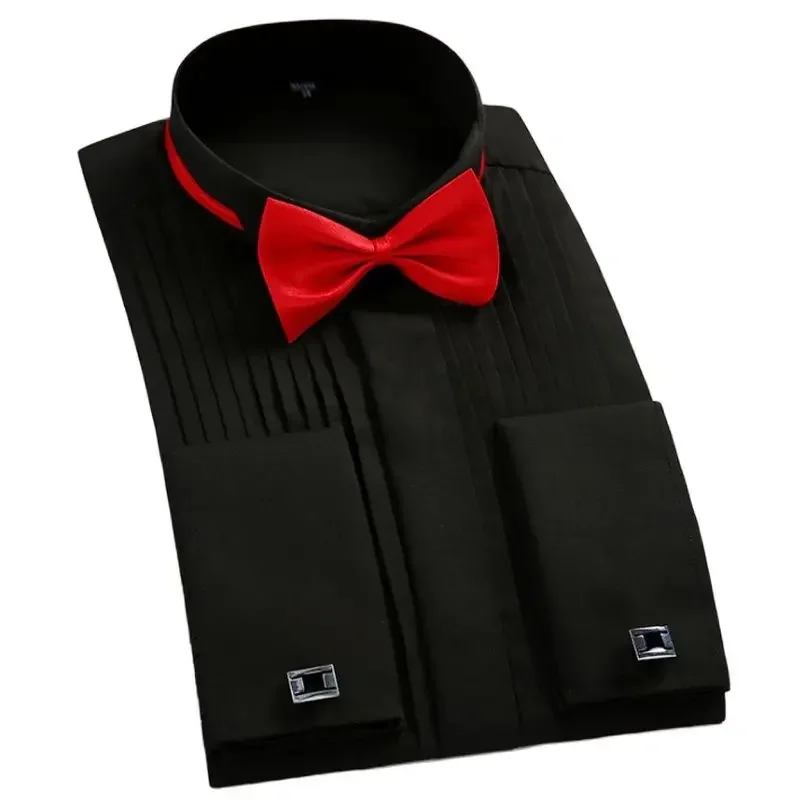 Classic Winged Collar Dress Shirt Men's Wingtip Tuxedo Formal Shirts with Red Black Bow Tie Party Dinner Wedding Tops